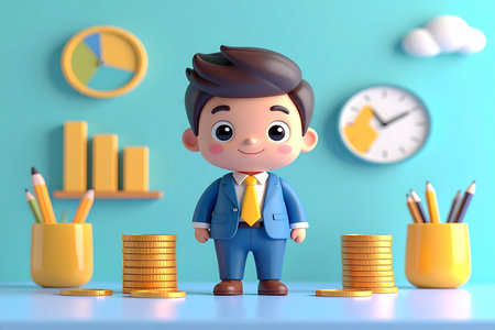 3D Render of Business man with coin and chart in the officeの素材