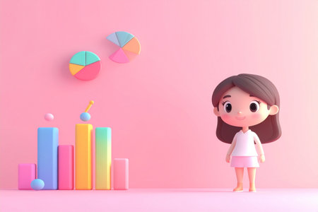 3d rendering of a cute little girl and chart on pink backgroundの素材