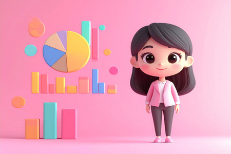 3d illustration of cute girl and pie chart on pink background.の素材