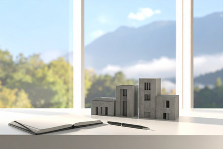 House model with notebook and pen on white table. 3d renderの素材