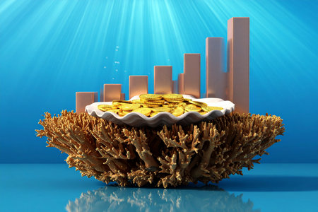 3d illustration of coin with graph over blue background with coralsの素材