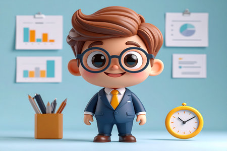 3d illustration of a boy in a business suit and glasses standing in front of a clockの素材