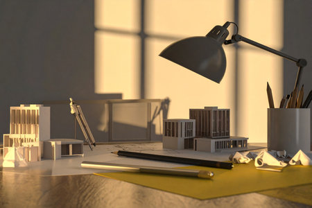 3D render of a home design with a table lamp and a blueprintの素材