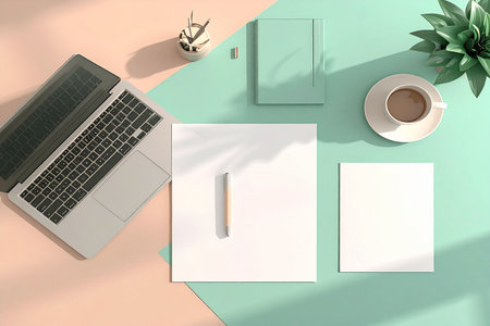 Top view of modern workplace with blank paper, laptop, coffee cup and other items. Mock up, 3D Renderingの素材