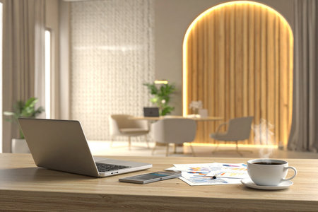 Laptop and coffee cup on wooden table in office, 3d renderの素材