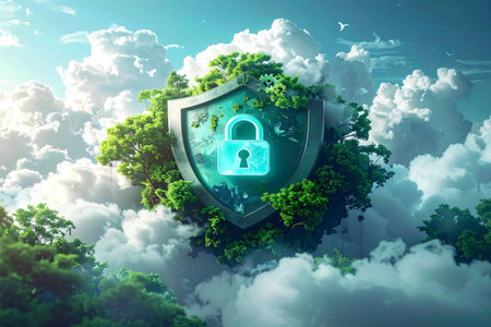 Cyber security concept with shield and green forest. 3D renderingの素材