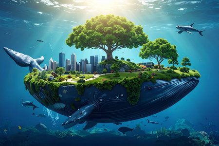 Whale in underwater world. 3d illustration. Elements of this image furnished by NASAの素材