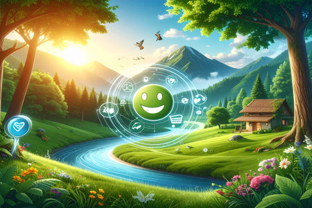 Smiling face emoticon in the nature landscape. 3d renderingの素材