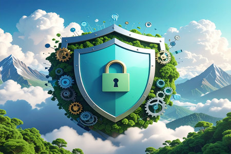 Conceptual image with green planet in the shape of a shield and padlockの素材