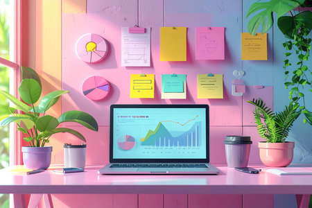 3D rendering of a modern workspace with a laptop and colorful sticky notes on the wallの素材