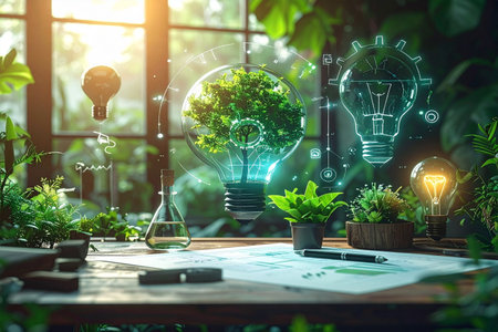 Light bulb with green plant on table in office. Idea concept. 3D renderingの素材