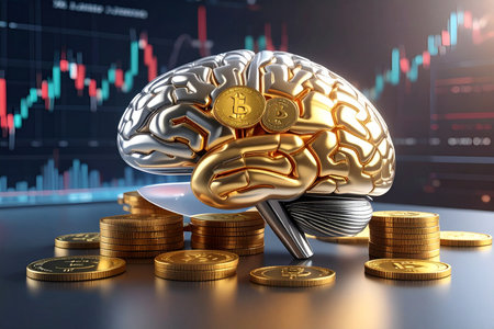 3d illustration of bitcoin in human brain over gold coins and blue backgroundの素材