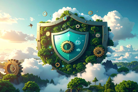 Protection concept. Protect mechanism and system against nature background. 3d renderの素材