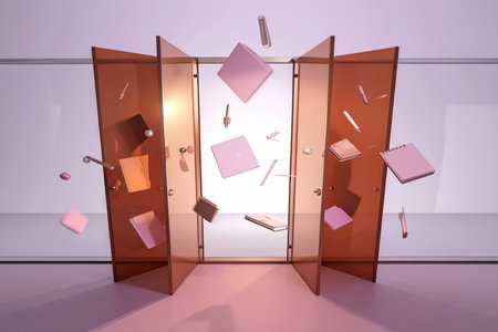 3d illustration of glass door with notes and stickers inside, modern interiorの素材