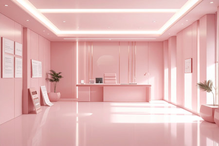 3d render of modern office interior with pink wall and reception deskの素材