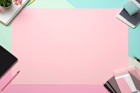 Top view of creative workspace with copy space on pink and blue backgroundの素材