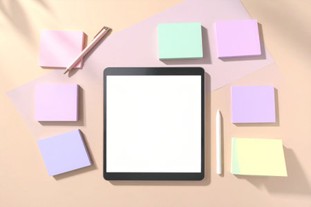 Tablet computer with blank sticky notes and stationery on pastel backgroundの素材
