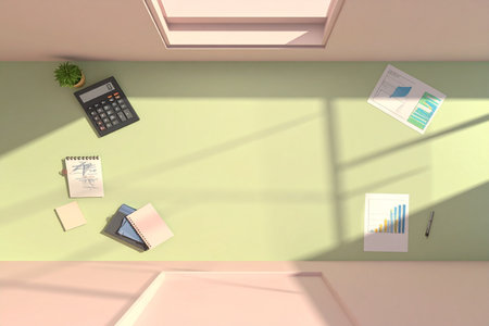 Top view of office room with office supplies. 3D Renderingの素材