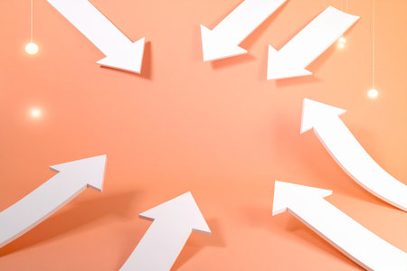 White arrows on orange background with copy space. Concept of success.の素材