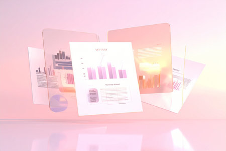 Graphs and charts on the table. 3d illustration. Business concept.の素材