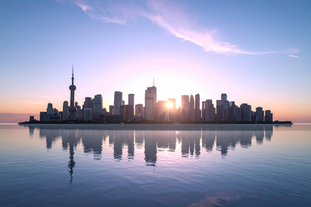 Shanghai skyline at sunset, China. Shanghai is the capital and largest city of China.の素材