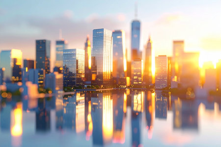 Cityscape of modern city with reflection on water surface at sunset.の素材
