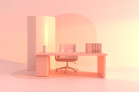 3d rendering of a desk with a chair and a lamp.の素材