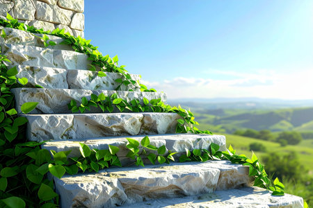 Staircase made of natural stone with green leaves and blue skyの素材