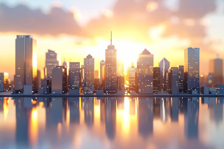 City skyline at sunset with reflection in water. 3D Renderingの素材