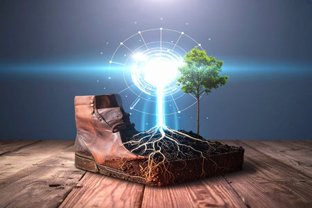 Conceptual image with shoe and tree growing out of old bookの素材