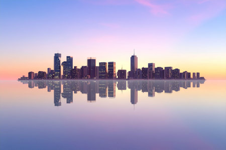 Chicago skyline at sunrise with reflection in lake Michigan, Illinois, USAの素材