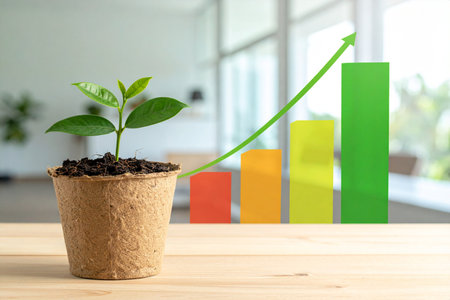 Growing plant in a pot on wooden table and colorful graph on backgroundの素材
