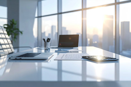 Close up of modern office desktop with laptop, supplies and city view. Mock up, 3D Renderingの素材