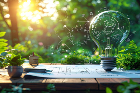 Idea concept with lightbulb on blueprint and green plants backgroundの素材