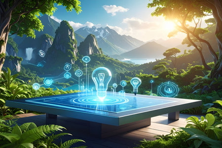 Digital composite of Light Bulb with city and nature background. 3d renderingの素材