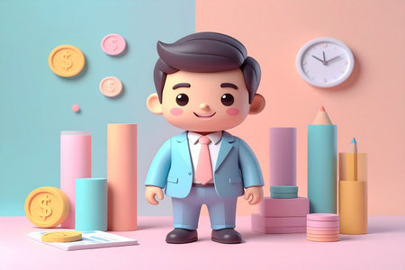 Businessman standing in front of the clock and colorful chart, 3d renderingの素材