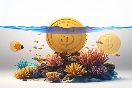 Gold coin on a coral reef with fish and algae. 3d illustrationの素材