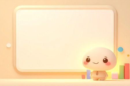 3d render of cute cartoon character with blank whiteboard in roomの素材