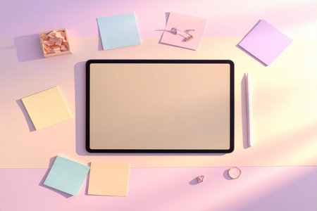 Tablet computer with blank screen and office supplies on pastel backgroundの素材