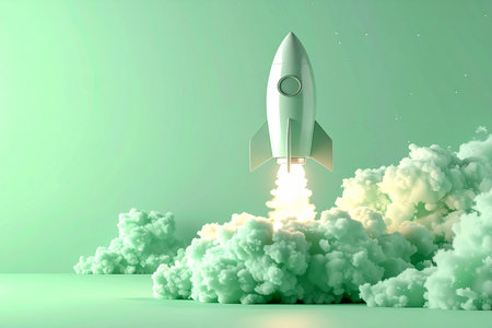 Rocket flying high in the sky. 3D Rendering and illustration.の素材