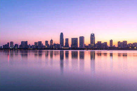 Scenery of Hangzhou West Lake at sunset, China. Scenery of Hangzhou West Lake is a lake in Hangzhou, China.の素材