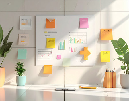 3d rendering of modern office interior with white walls, concrete floor, row of colorful sticky notes on the wall and plant.の素材