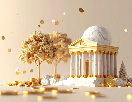 3d render of bank building with golden coins and tree on backgroundの素材