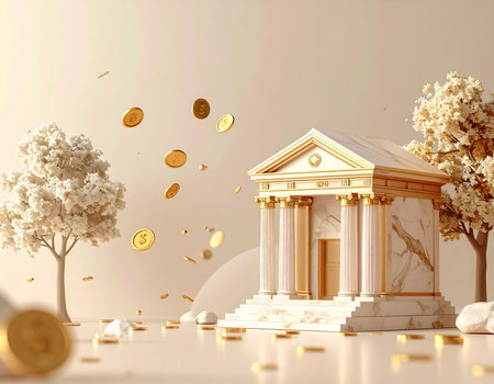 3d render of bank building with golden coins and tree on white backgroundの素材