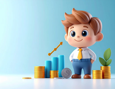 3d illustration of business man with growth graph and coins over blue backgroundの素材