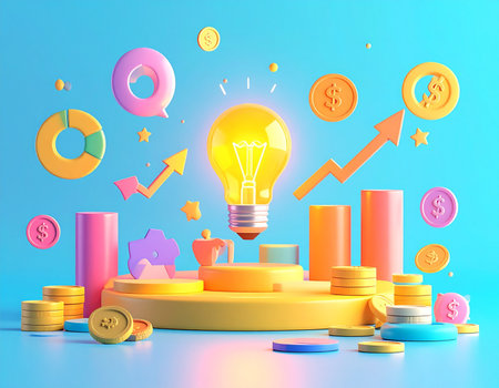 3d render of podium for product presentation with lightbulb, chart, diagram and coins on blue backgroundの素材
