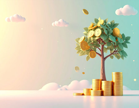 Investment concept, Coins tree with gold coins, 3d renderの素材
