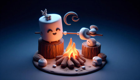 Christmas cake with snowman and bonfire on a dark background.の素材
