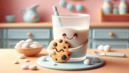 Glass of milk and cookies on table in children room, closeupの素材