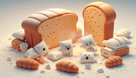 Cute cat made of bread and biscuits on a white background.の素材